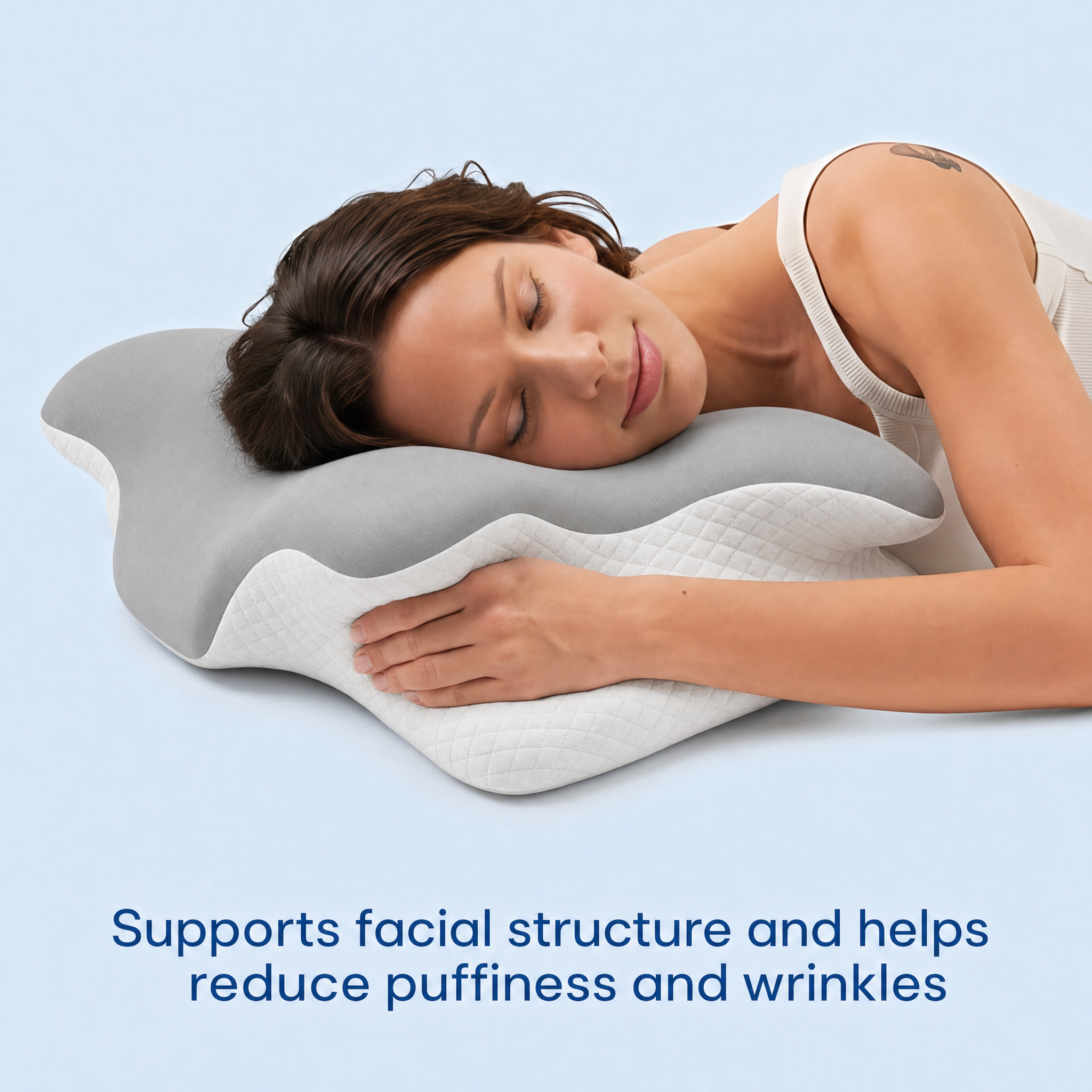A woman sleeping peacefully on an ergonomic pillow
